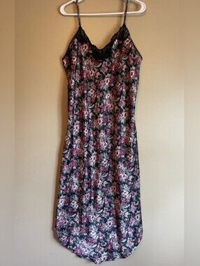 Vintage 90s Linda The Bay Floral Lace Slip Dress XL Black Pink Chemise
